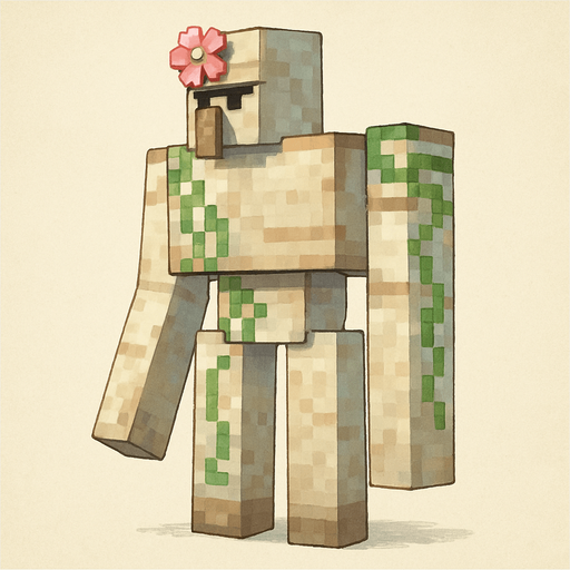 Minecraft iron golem facing left with a pink flower on his forehead. Full body.
2d. Cool.