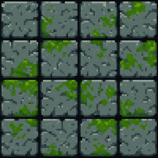A tile of grey and mossy dungeon stone floor. Pixel art..
In-Game asset.  2d.  High contrast.  No shadows