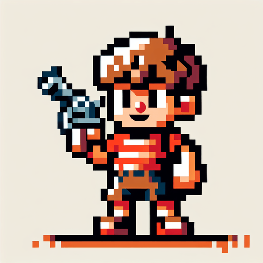 Make an 8 bit boy with a gun.
Single Game Texture.  In-Game asset.  2d.  Blank background.  High contrast.  No shadows