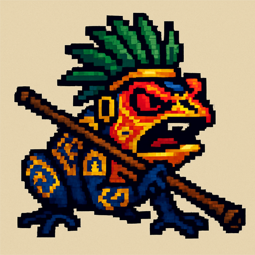 Genérame una Rana de dardo venenosa guerrero azteca con eso patrones, estilo pixelar, con una apariencia maligna, ojos rojos, rabioso. Unidad a distancia, con cerbatana. Animal.
In-Game asset.  2d.  High contrast.  No shadows