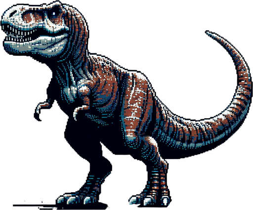 Create a left-facing version, 2d, trex ,pixel art.
Single Game Texture. In-Game asset. 2d. Blank background. High contrast. No shadows.