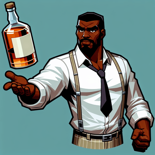 upper torso of a western cartoon barman getting ready to throw a bottle of whiskey..
Single Game Texture. In-Game asset. 2d. Blank background. High contrast. No shadows.