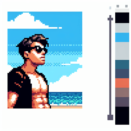 8-bit. Cartoon. Guy the beach. Full body. Looking up. Sunglasses. Worried. In game asset. Single Game Texture. In-Game asset. 2d. Blank background. High contrast. No shadows.