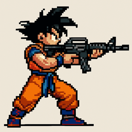 goku de dragon ball hecho con pixeles de cuepo completo con perspectiva lateral apuntando don un rifle de asalto m4
In-Game asset.  2d.  High contrast.  No shadows