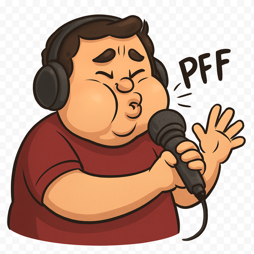 Orta yaşlı  beatbox karakter, şişman ve komik, ayrica sevimli, ayakları gözükmesinn, sadece beline kadar gözüksün, yanakları şişmiş: beatbox yapıyor görünmeli. arka planı transparan olsun