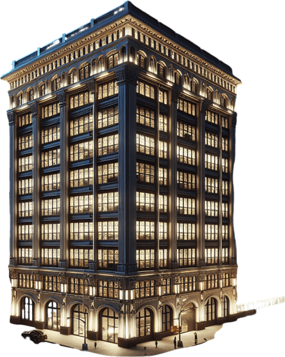 Photorealistic office house at New york night from front view.