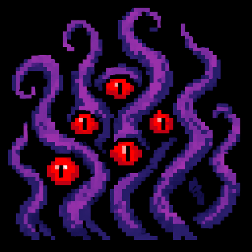 Purple tentacles pixel art and red eyes 2d.
In-Game asset.  2d.  High contrast.  No shadows