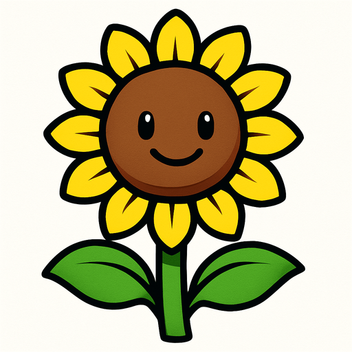 Un girasol con una cabeza redonda y marrón con pétalos amarillos brillantes que lo rodean como una corona. Su tallo es verde y tiene dos hojas grandes y anchas que sobresalen a los lados. En su cara, tiene dos ojos pequeños y negros, y una boca curvada en una sonrisa amigable..
In-Game asset.  High contrast.  No shadows