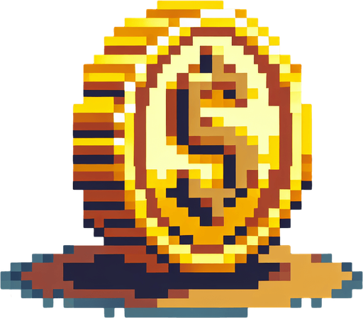 A gold coin. 8 bit pixel art.
Single Game Texture.  In-Game asset.  2d.  Blank background.  High contrast.  No shadows