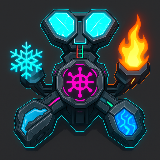 top-down view, transformable virus defense tower, modular energy panels, electric fire ice modes, adaptive cyber node design, neon highlights.
In-Game asset.  2d.  High contrast.  No shadows