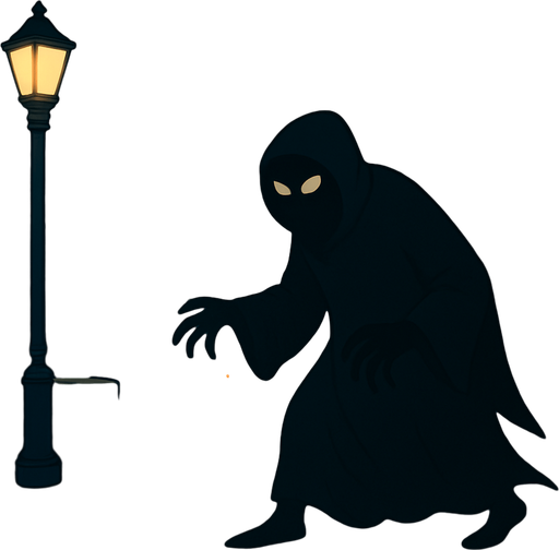 In a dark town street a mysterious shadow figure is creeping around