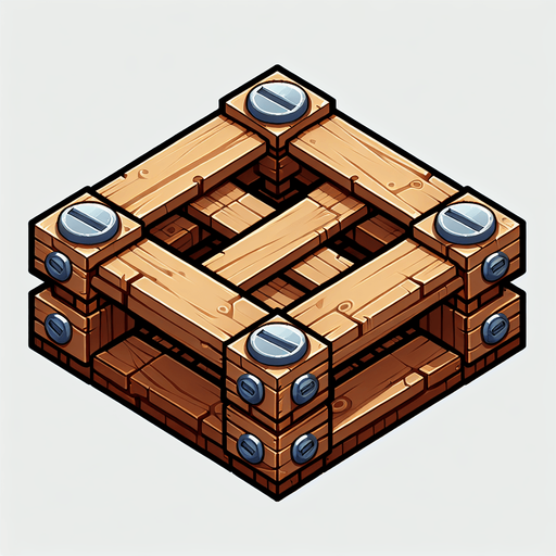 straigth zenith view square wooden pallet with big screws in each corner
Single Game Texture. In-Game asset. 2d. Blank background. High contrast. No shadows.