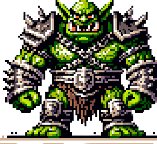 create me a big furious goblin with armor 2d and pixel.
Single Game Texture. In-Game asset. 2d. Blank background. High contrast. No shadows.