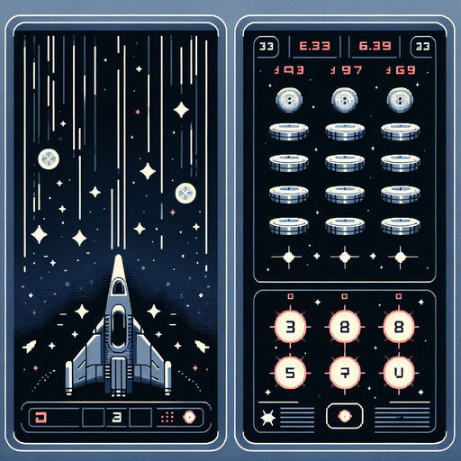A clean and minimalistic game interface for a Galaxian-inspired game, viewed flat and straight from the front as a mobile app UI. At the bottom of the screen is a sleek, centrally aligned starship designed to fire single projectiles upward. The background features a simple, dark space theme with scattered stars and soft gradients, maintaining a futuristic yet uncluttered aesthetic.

At the top of the screen, coins are arranged in an 8-column by 4-row grid formation, resembling a classic bug-like pattern. Among these, four consecutive coins in the central row are replaced with glowing red digits '3,' '6,' '9,' and '8,' positioned prominently. These digits are larger, brighter, and pulse subtly, making them stand out distinctly from the neutral-colored coins while remaining seamlessly integrated into the grid. The clean layout highlights the digits' importance while keeping the overall design sleek and user-friendly.
Single Game Texture. In-Game asset. 2d. Blank background. High contrast. No shadows.