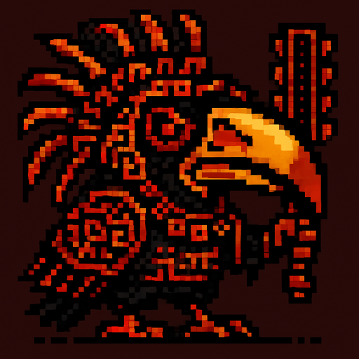 Genérame un Tucan guerra azteca con eso patrones estilo pixelar, con una apariencia maligna.
In-Game asset.  2d.  High contrast.  No shadows