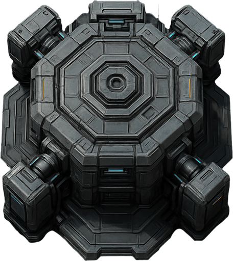 Namlusu olmayan, Teknolojik askeri kule, üstten görünüm, gerçekçi, yazısız.
In-Game asset.  High contrast.  No shadows