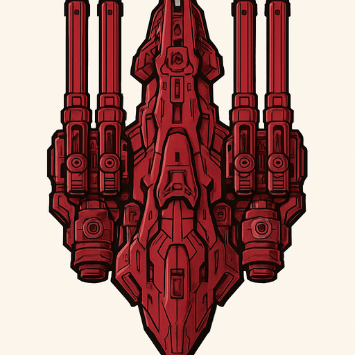 Giant bordeux ostentatious alien ship with ostentatious giant guns. Looking straightly down
In-Game asset.  2d.  High contrast.  No shadows