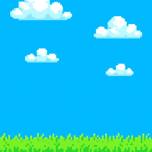 Create a pixel art background image for a 2D mobile game in portrait orientation.

The scene should feature a bright blue sky with some pixelated white clouds, and a grassy green field at the bottom.

Use a colorful, retro pixel art style (16-bit style), keeping the image light and cheerful.

The background should not include any characters or objects, only environment elements.

Leave space in the middle of the screen for gameplay elements (like the grid of boxes).

Make sure the image loops or tiles well if needed..
In-Game asset.  2d.  High contrast.  No shadows