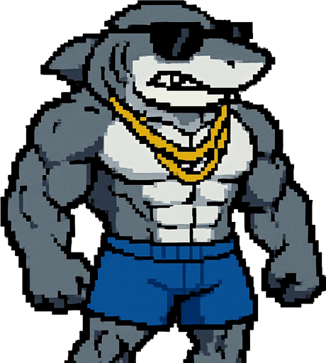 Tiburón furry fuerte sin camisa y con shorts, que en la cara lleve unas gafas de sol, que lleve colgantes y que sea pixeleado que se vea todo su cuerpo 
In-Game asset.  2d.  High contrast.  No shadows