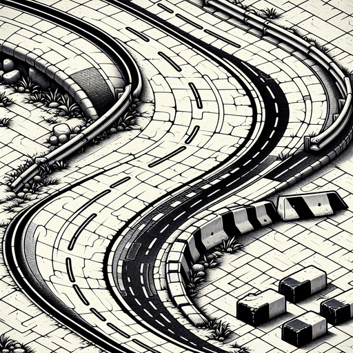 A road going left turn right turn speed pump & obstacle.
Single Game Texture.  In-Game asset.  Blank background.  High contrast.  No shadows