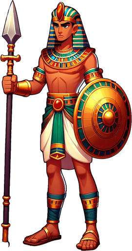 An animated image of an egyptian warrior.
Single Game Texture. In-Game asset. 2d. Blank background. High contrast. No shadows.