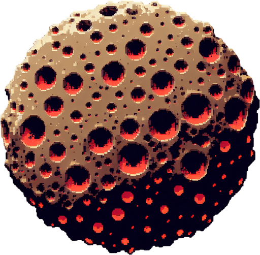 create a brown asteroid with red holes.
Single Game Texture.  In-Game asset.  2d.  Blank background.  High contrast.  No shadows