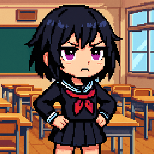 A cute anime-style girl in pixel art, with an emo aesthetic and striking purple eyes. She wears a classic Japanese school uniform (sailor fuku) and is often shown with a slightly grumpy expression, reflecting a bit of a tsundere personality. She stands confidently with her hands on her hips and a slight tilt to her posture. Behind her is a typical Japanese classroom, enhancing the school-themed atmosphere..
In-Game asset.  2d.  High contrast.  No shadows