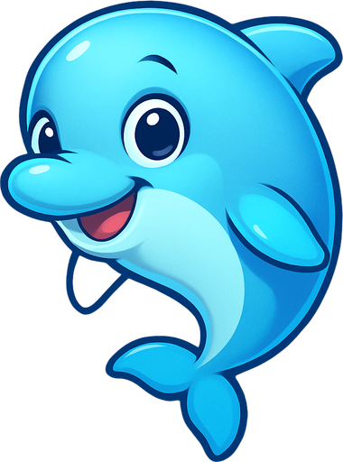 A cute cartoon-style dolphin character designed for a mobile game. Smooth, shiny skin, big round eyes full of curiosity, a friendly smile, and a playful pose as if leaping or floating in water. Light blue or aqua color with soft highlights, small flippers, and a sleek body. Joyful and approachable expression. Simple, colorful underwater background with bubbles and coral. High-quality digital illustration, perfect for a kids game..
In-Game asset.  2d.  High contrast.  No shadows. cartoon style