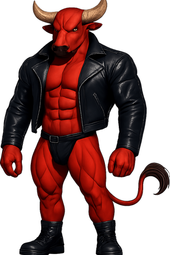 man Cyberpunk manga, minotaur monster hunk, shiny black leather biker jacket longsleeves shirtless muscles, jockstrap combat boots, Background removed, "Full-body character, entirely in frame, no cropping of face, head, or feet" "Complete character visible, from horns to hooves, fully centered in the image" "Entire character, including face and boots, fully within the frame" Character fully contained within a square frame, no edges cut off fashion model idle pose