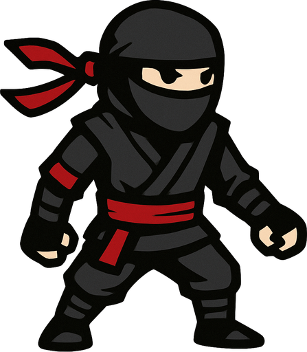 A generally black and grey ninja, but with a few red details..
In-Game asset.  2d.  High contrast.  No shadows