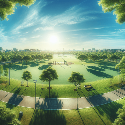 Photorealistic real bluesky. Looking from an empty park