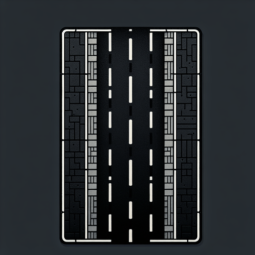 1. **Description Précise** : Je souhaite une représentation d'une route composée uniquement de l'asphalte, sans les éléments habituels qui délimitent les côtés de la route, tels que les trottoirs, les bordures, ou les lignes de démarcation latérales.

2. **Couleur et Texture** : Je souhaite que cette route soit de couleur noire. La texture est celle du goudron.

3. **Éléments de la Route** : Il n'y a pas de panneaux, juste un marquage centrale réglementaire blanc de délimitation entre le cote droit et le cote gauche. Il y a aussi 
 les marquages latéraux composés d'une ligne continue blanche réglementaire.

4. **Perspective et Dimension** : Je souhaite une vue de dessus, pas de perspective en 3D, ni de  vue en angle. Le sens est vertical, c'est à dire qu'on parcours la route en partant du haut vers le bas de l'écran. La largeur est quatre fois moins grande que la hauteur. La largeur de la route en haute l'écran est la même que la largeur en bas de l'écran.

5. **Contexte et Environnement** : il s'agit d'une route de campagne seule. On la regarde d'en haut et on ne voit que la route. L'image de la route commence et fini au bord de la route sur les quatre cotes..
Single Game Texture. In-Game asset. 2d. Blank background. High contrast. No shadows.