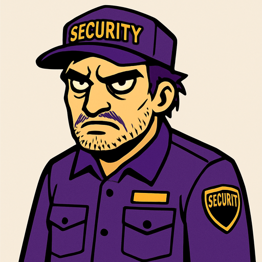 A 30-something security guard in a purple uniform, looking tired and vengeful..
In-Game asset.  2d.  High contrast.  No shadows
