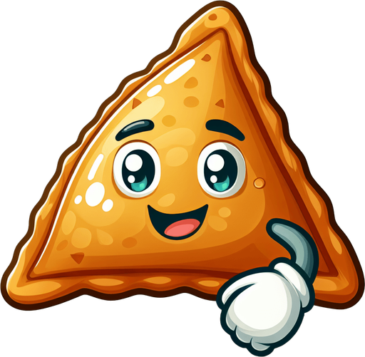 Create a cute and shiny 2D samosa with a golden-brown crispy texture. It should have a smiley face and a slight glow, making it look collectible and delicious. The art style should be cartoonish and exaggerated for a fun game..
Single Game Texture.  In-Game asset.  2d.  Blank background.  High contrast.  No shadows