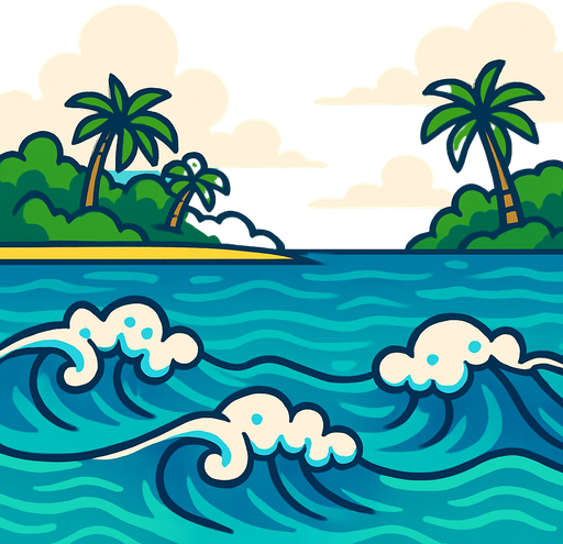 The tropical ocean with the shore of an island in the far background easily looping itself.
In-Game asset.  2d.  High contrast.  No shadows