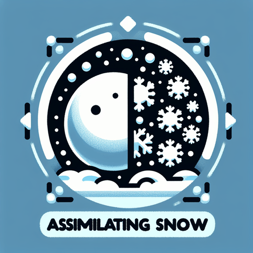 Icon for a snowball collide with snoflakes and becomes bigger, on a circle, with the text „ASSIMILATING SNOW“ at top, cartoon Single Game Texture. In-Game asset. 2d. Blank background. High contrast. No shadows.