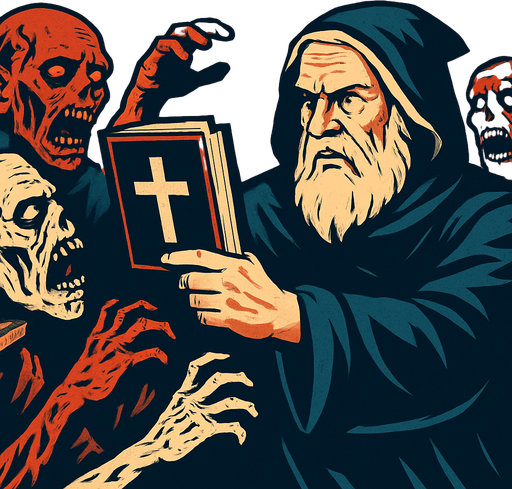 A background image (wallpaper) representing an old prophet-like man with white hair and beard, wearing a priest's robe (hooded) and holding a holy book (christianity, cross) in his hand, fighting against zombies..
In-Game asset.  2d.  High contrast.  No shadows