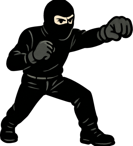 hombre con camisa negra de manga larga, pantalones negros, botas negras y guantes negros y un pasamontañas negro dando un puñetazo..
In-Game asset.  2d.  High contrast.  No shadows