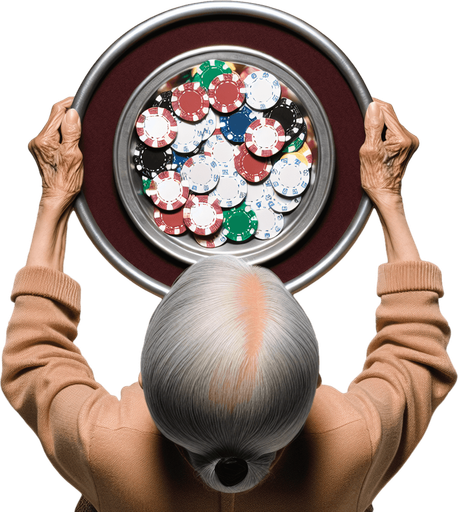 Top down image of an old lady carrying poker tokens. Single Game Texture. In-Game asset. 2d. Blank background. High contrast. No shadows.