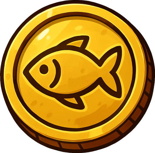 coin image üzerinde balık işareti olan bir madeni para altın renkte.
In-Game asset.  2d.  High contrast.  No shadows