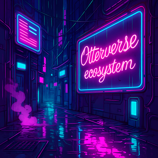 Create a rain-drenched neon alleyway with steam vents, flickering holoboards, and damp metal grates. One giant animated billboard reads ‘Otterverse ecosystem’ in glowing script. Include scattered cables, occasional sparks, and puddles that mirror the vibrant magenta and teal lights—character-free and coin-free..
In-Game asset.  2d.  High contrast.  No shadows