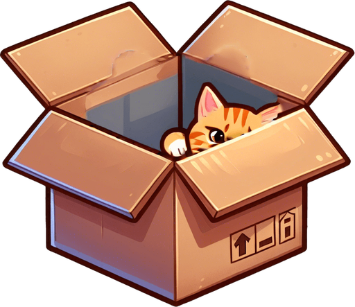 cute Chibi ginger cat look from the box into the camera. Cheeky, happy.