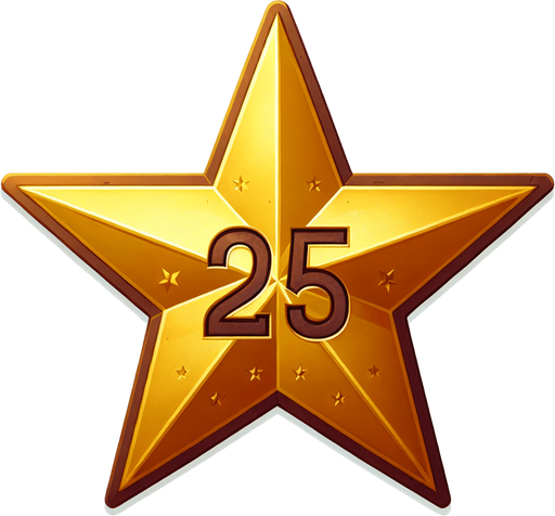 western gold star with 25 written on it.
Single Game Texture. In-Game asset. 2d. Blank background. High contrast. No shadows.