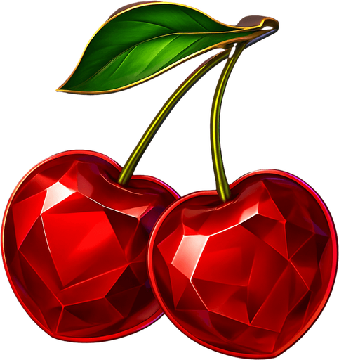 Crea un asset para el símbolo 'E' de Megaways: Cerezas Lujosas.
Dos cerezas rojas, estilizadas para parecer joyas o gemas, con una superficie brillante y reflejos. El tallo debe ser fino y elegante. Colores rojos intensos y brillantes. Estilo de casino sofisticado. Fondo transparente. Un giro elegante a un clásico (20x).
In-Game asset.  2d.  High contrast.  No shadows