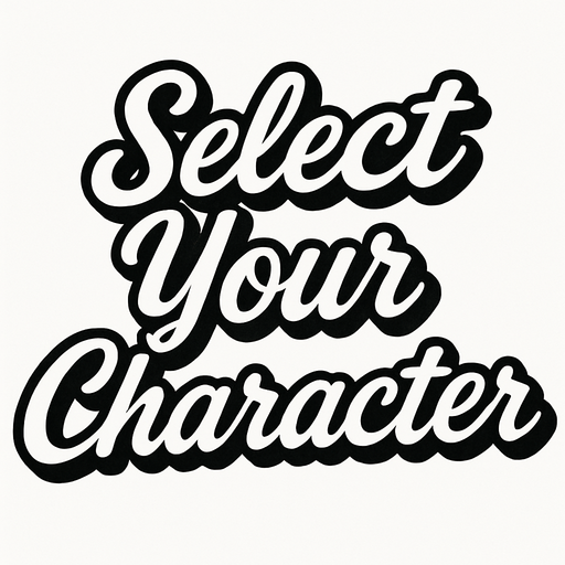letras negras con contorno blanco que dicen select your character con letra cursiva.
In-Game asset.  2d.  High contrast.  No shadows