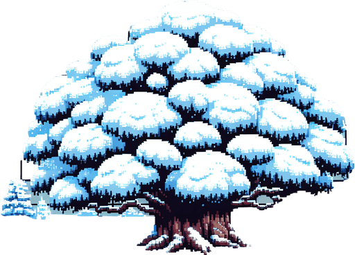 pixel art of a large tree covered in snow.
Single Game Texture. In-Game asset. 2d. Blank background. High contrast. No shadows.