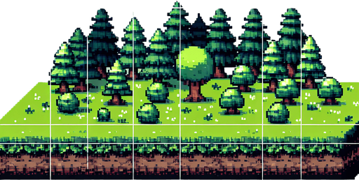 8 bit forrest.
Single Game Texture. In-Game asset. 2d. Blank background. High contrast. No shadows.