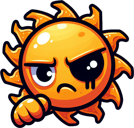 bright sun with wincing cartoon face and a black eye.
Single Game Texture.  In-Game asset.  2d.  Blank background.  High contrast.  No shadows