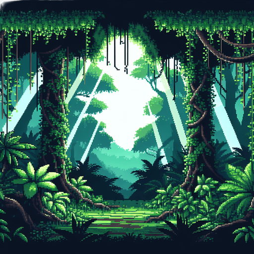 a jungle with light streaming in from above, pixel art

Single Game Texture. In-Game asset. 2d. Blank background. High contrast. No shadows.