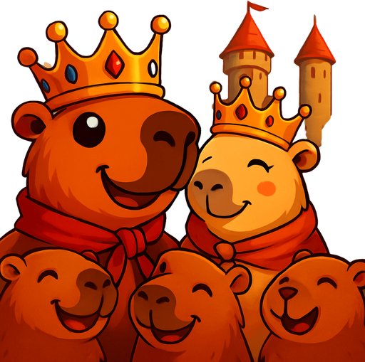 Utilizando este rey. Pon de fondo un castillo. Al rey feliz con su reina. Los capybaras subditos alrededor felices.